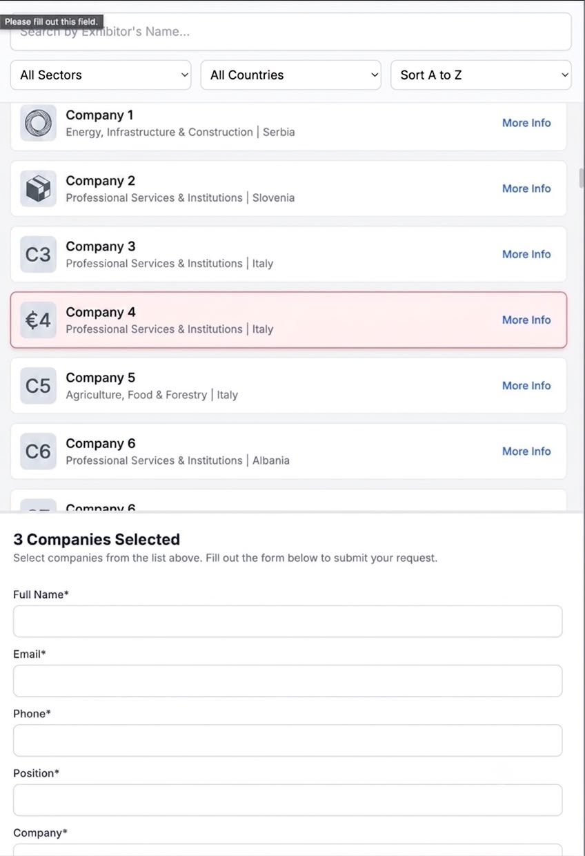 B2B Matchmaking — selection and request form