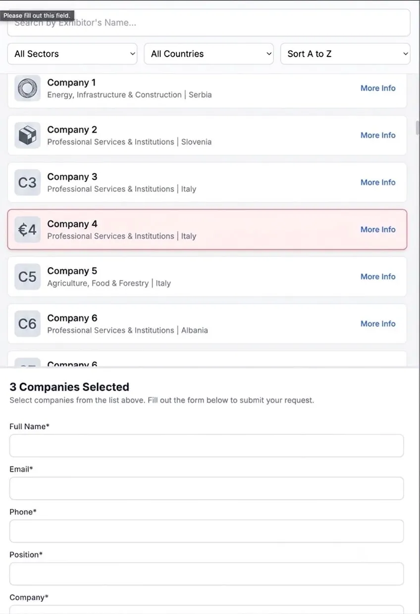 B2B Matchmaking — selection and request form
