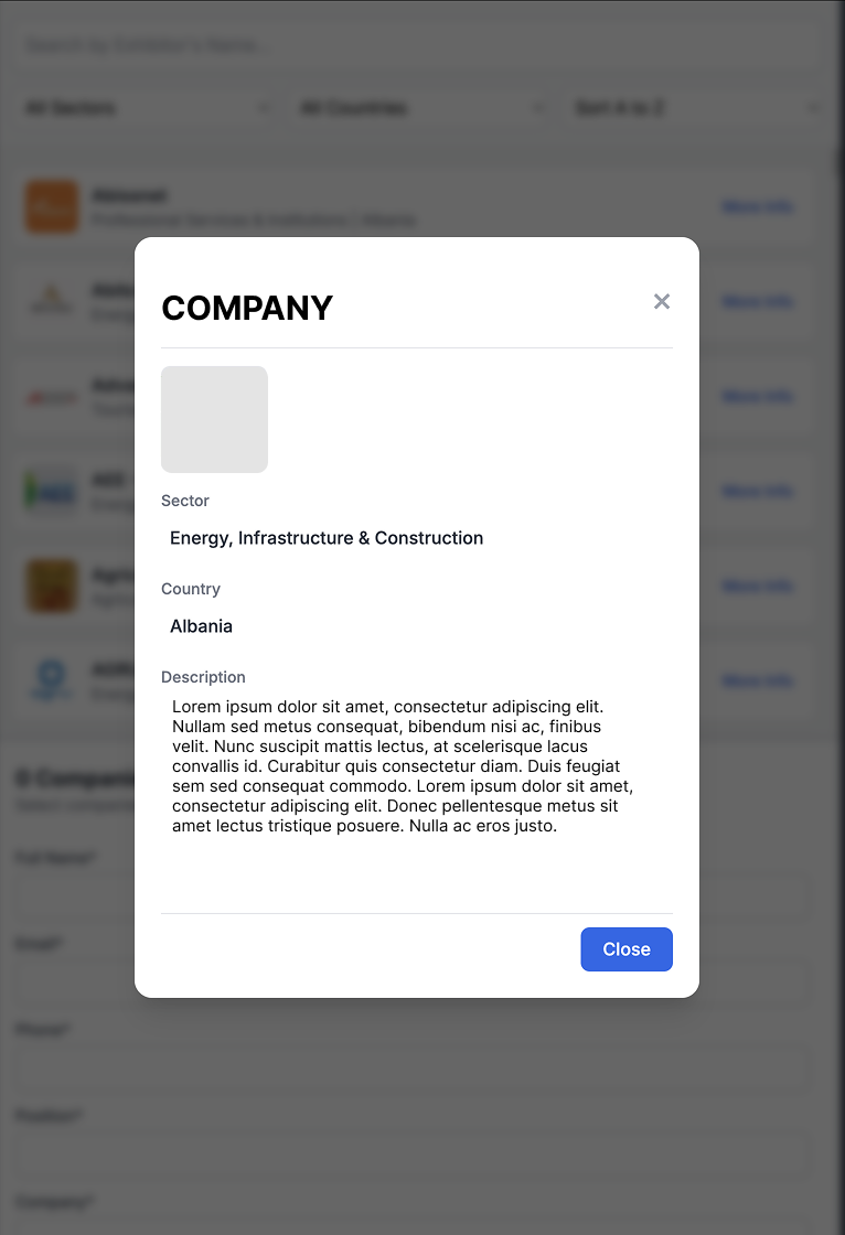B2B Matchmaking — company detail modal