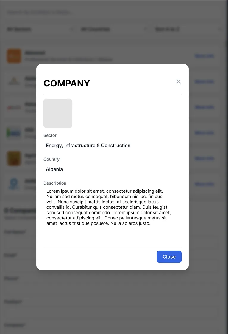 B2B Matchmaking — company detail modal