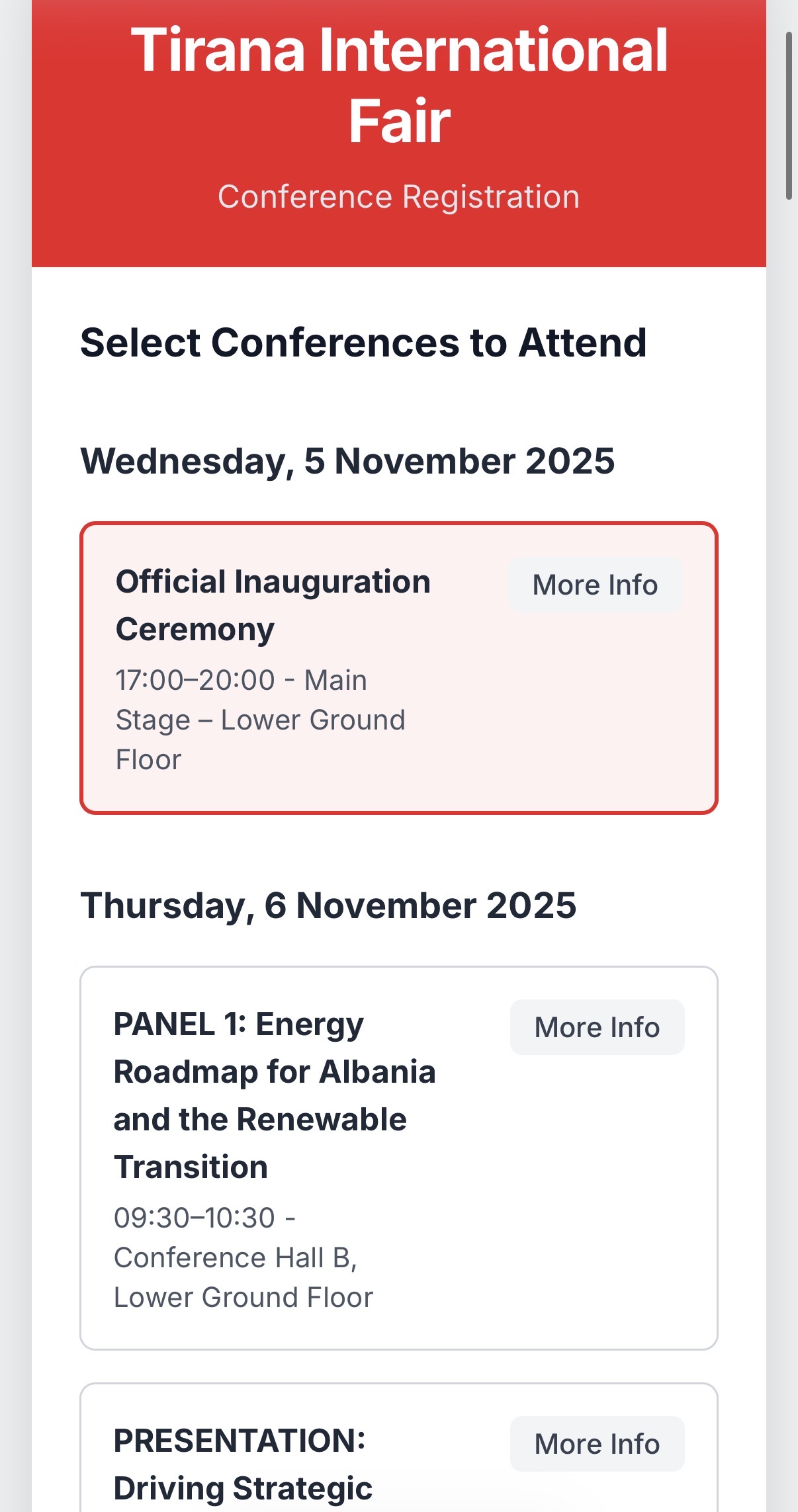 Conference Registration — session selection, mobile