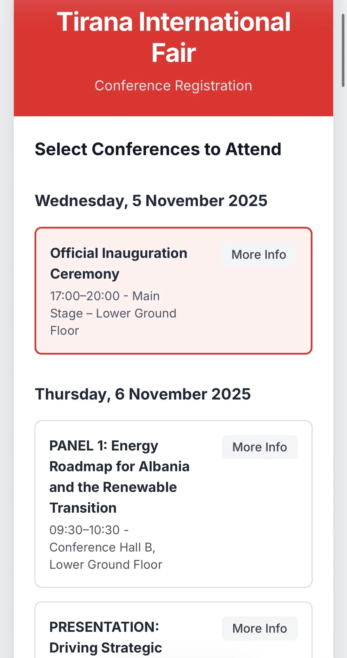 Conference Registration — session selection, mobile