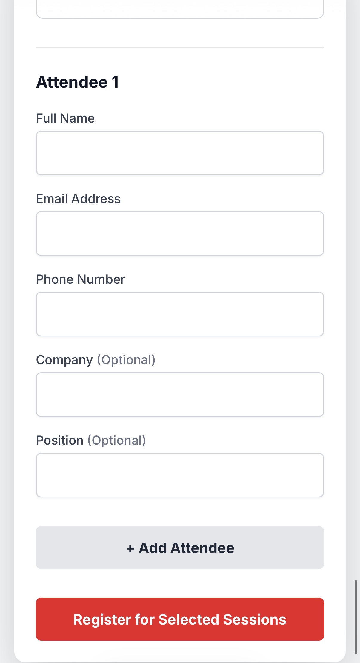 Conference Registration — registration form, mobile