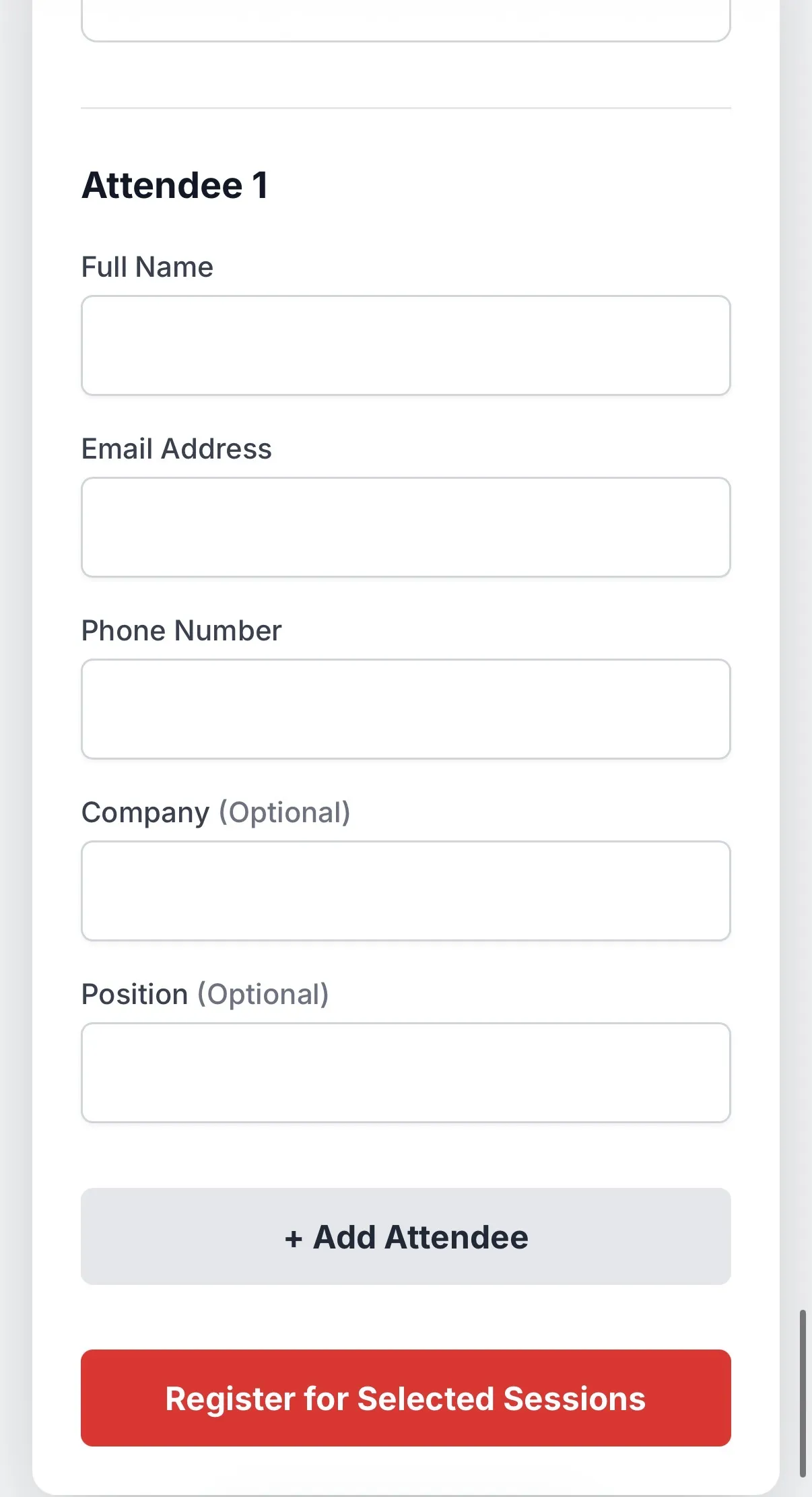 Conference Registration — registration form, mobile