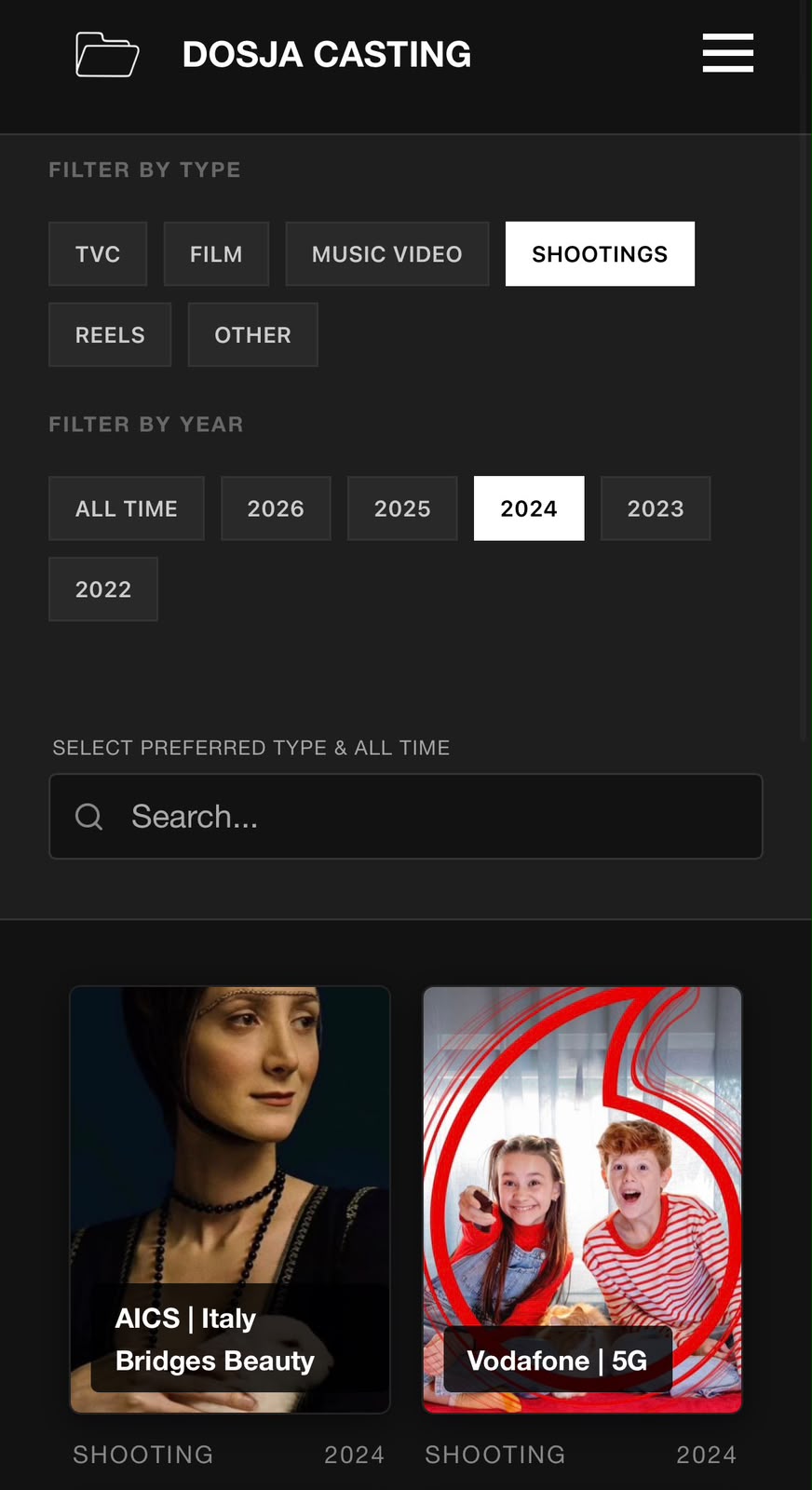 Dosja Casting — Shootings filter results, mobile