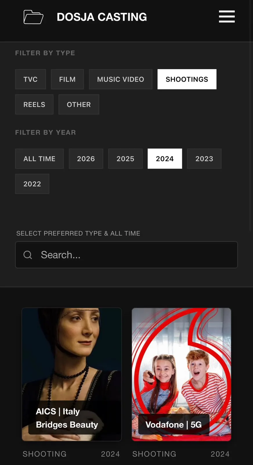 Dosja Casting — Shootings filter results, mobile