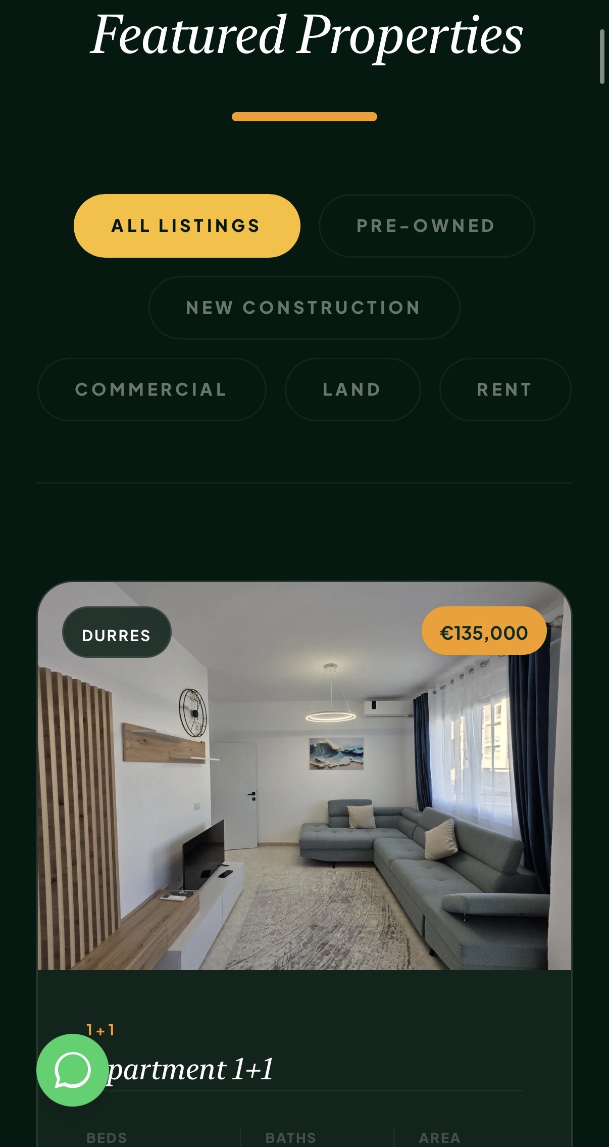 Lux Albania Home — property category filters, mobile
