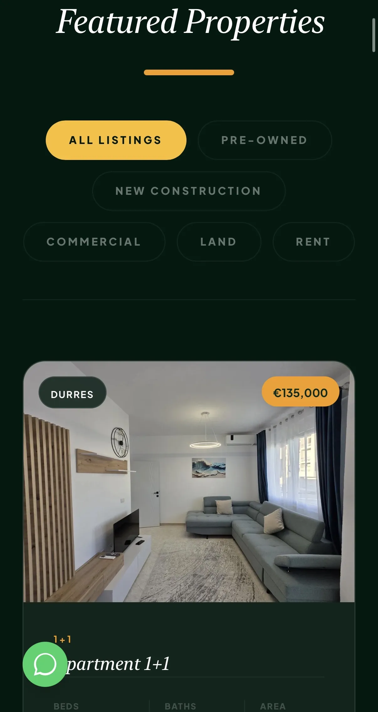 Lux Albania Home — property category filters, mobile