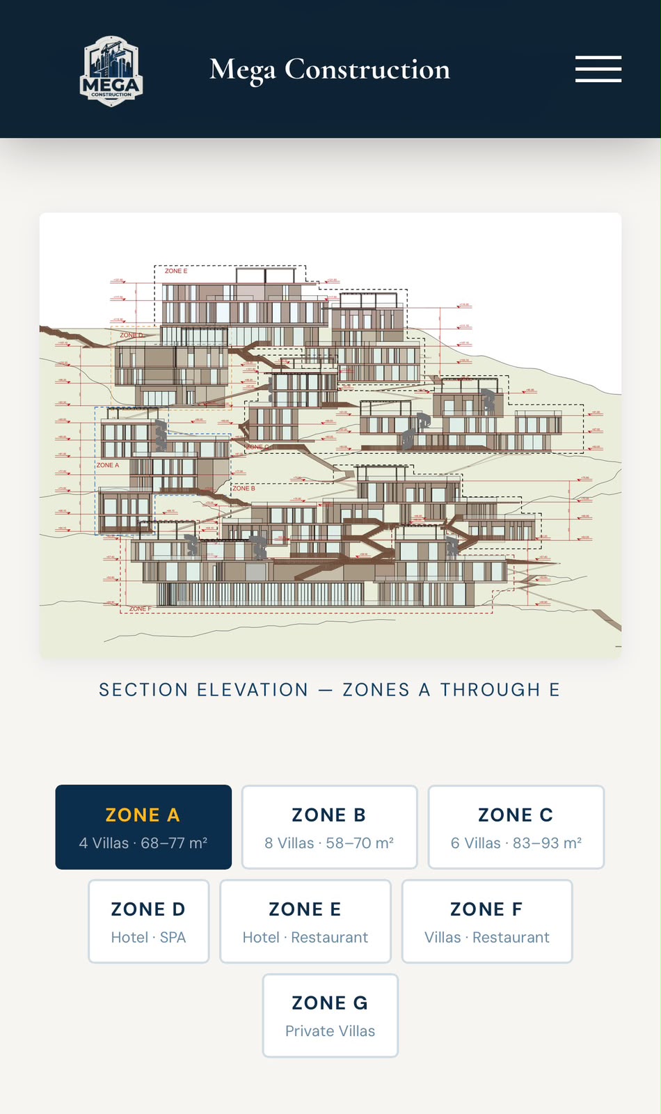 Mega Construction — zone selector, mobile