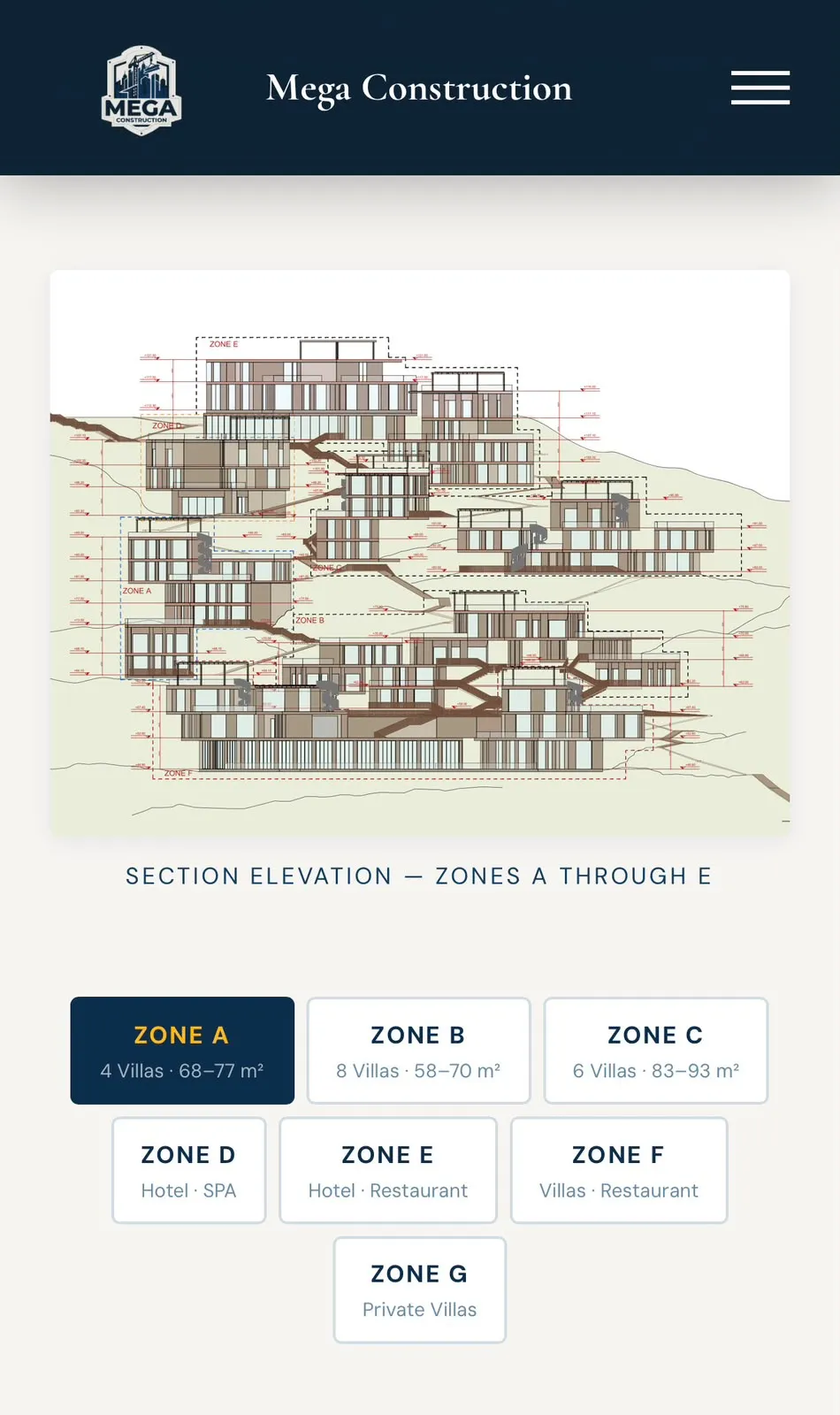 Mega Construction — zone selector, mobile