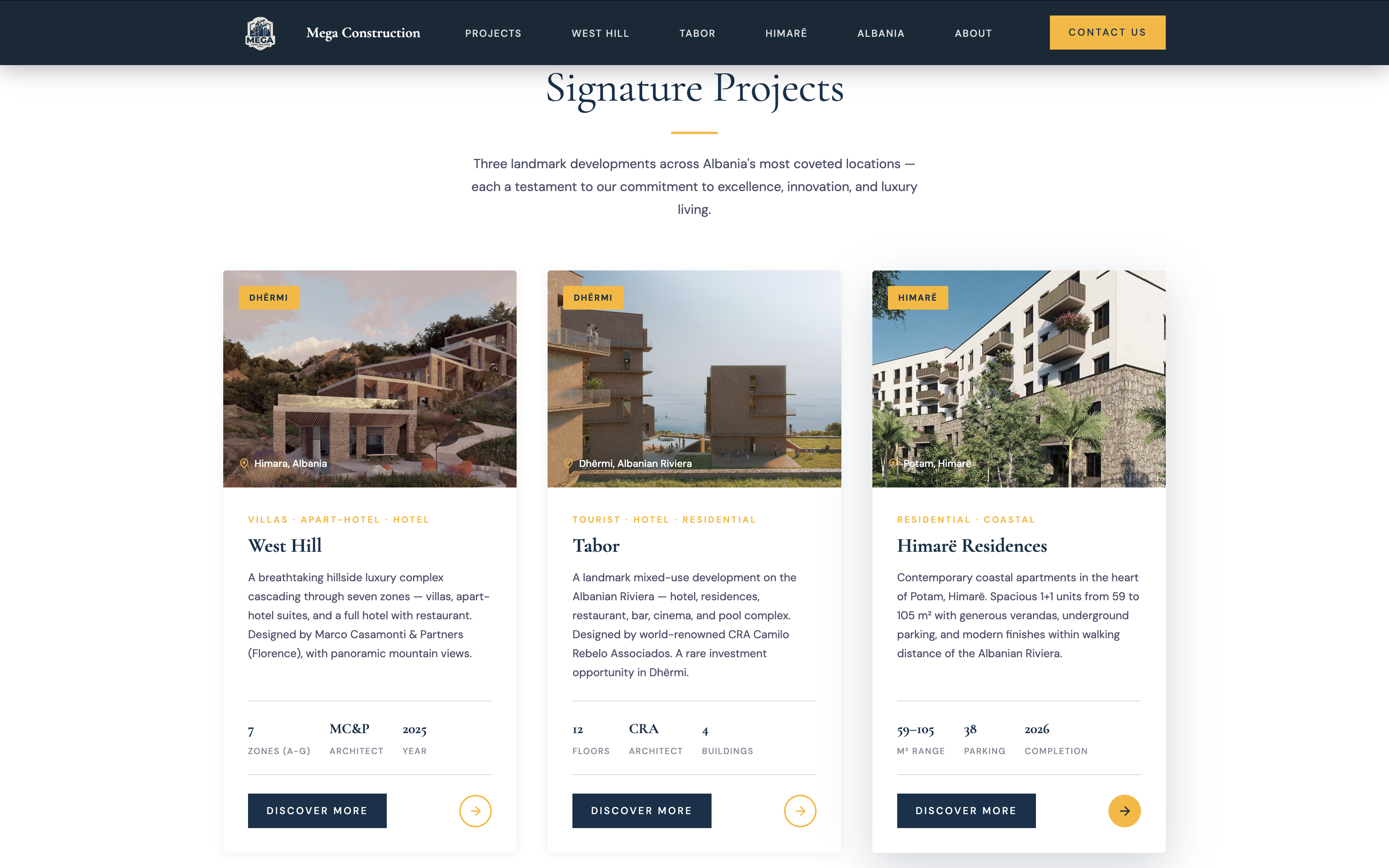 Mega Construction — shared navigation across West Hill, Tabor, and Himarë