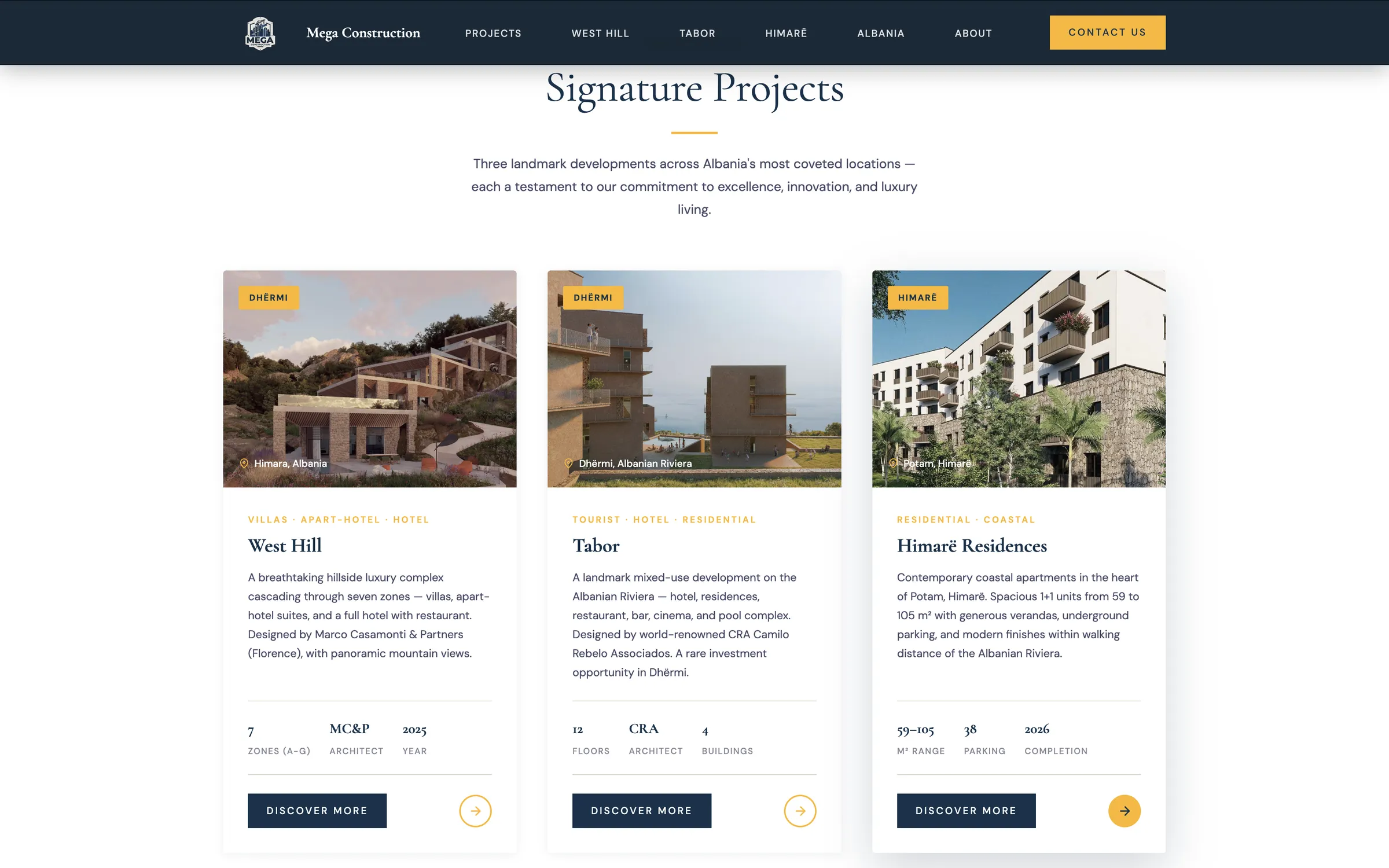 Mega Construction — shared navigation across West Hill, Tabor, and Himarë