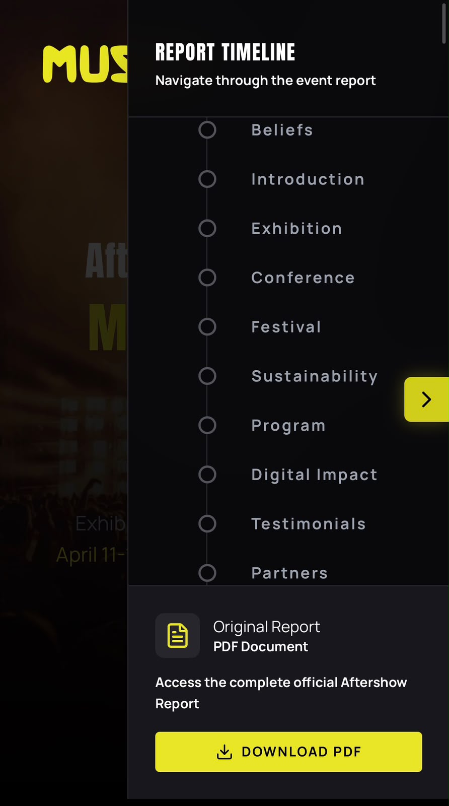 MUSE-X Aftershow Report — report timeline drawer, mobile