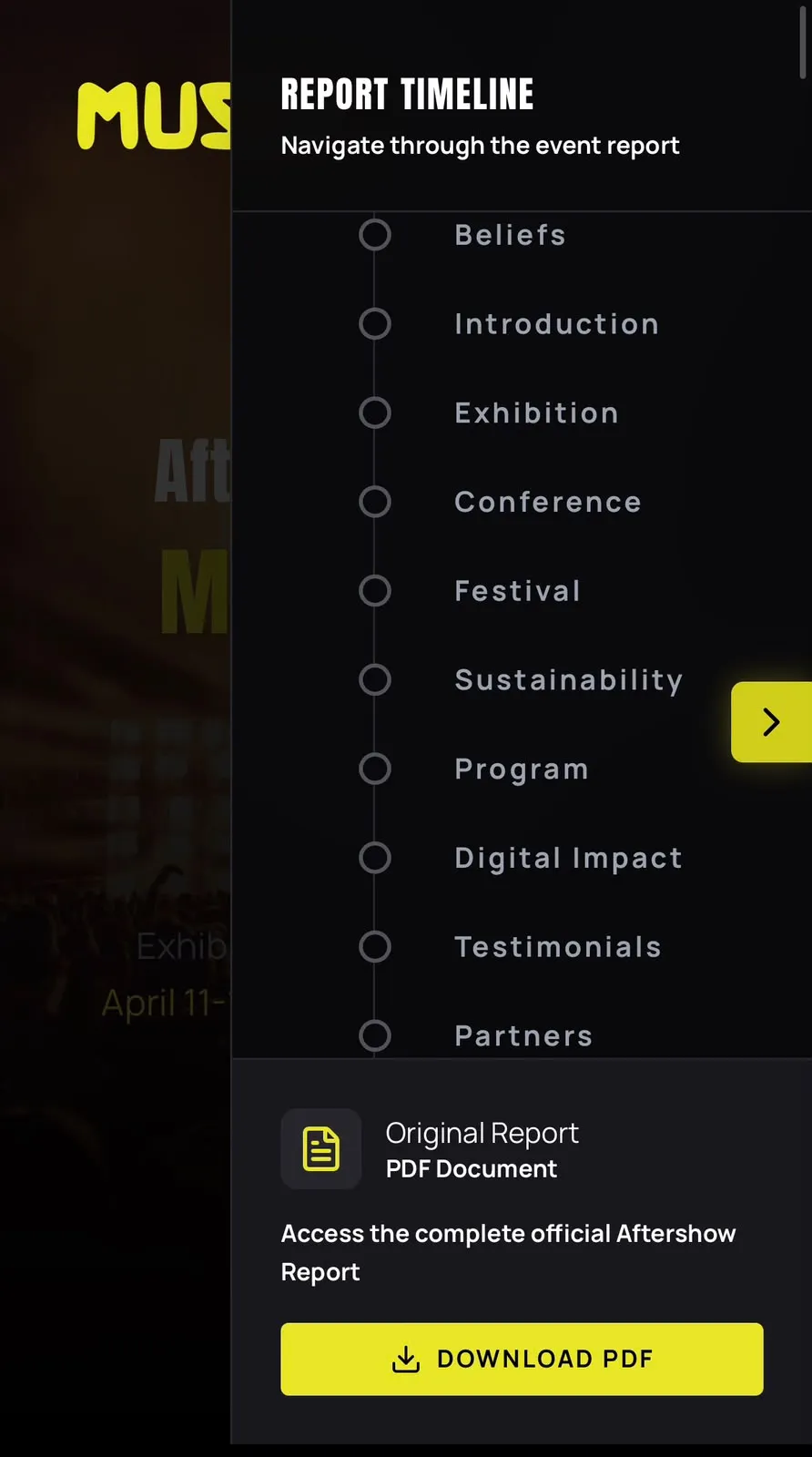 MUSE-X Aftershow Report — report timeline drawer, mobile