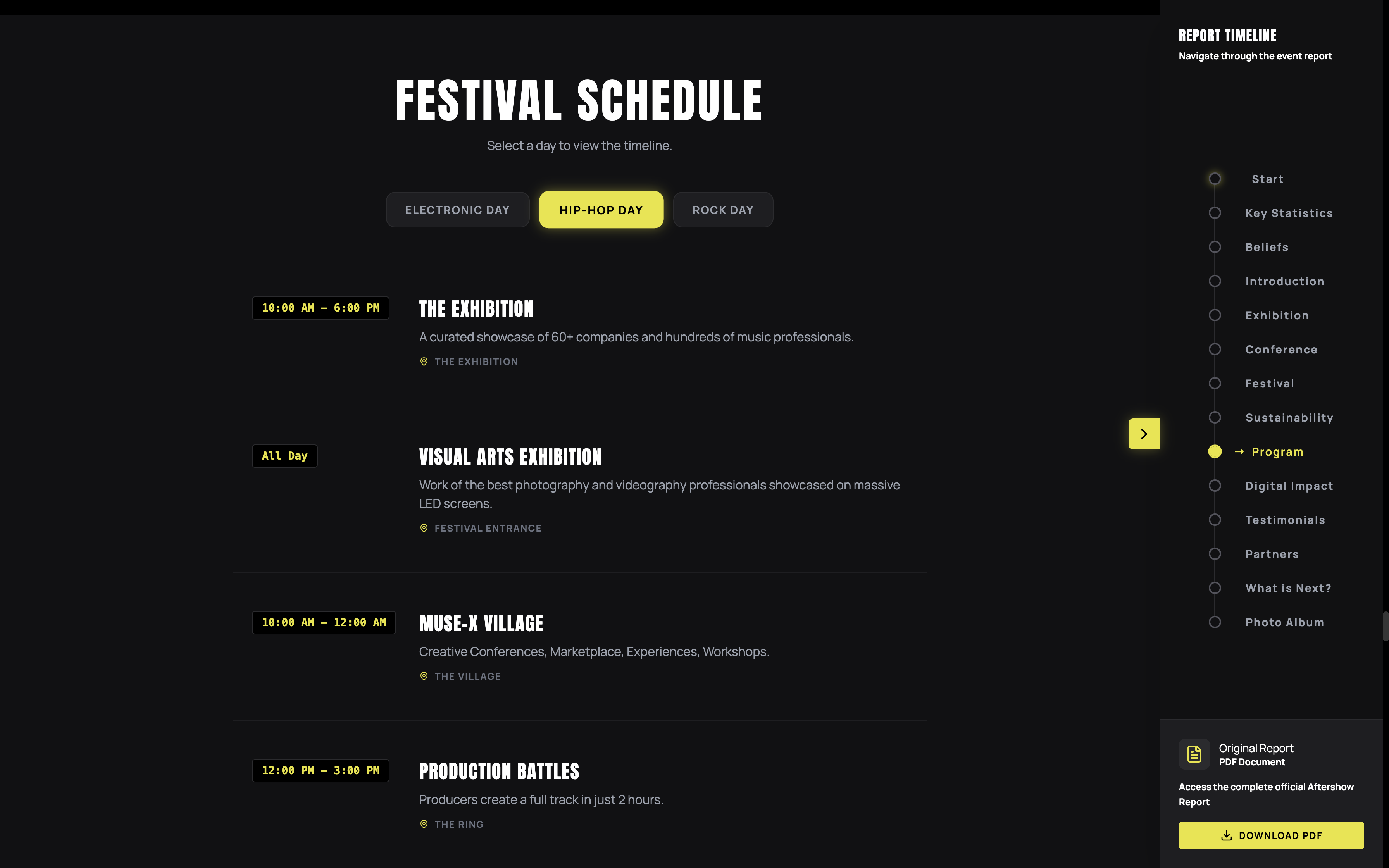 MUSE-X Aftershow Report — sidebar timeline navigation