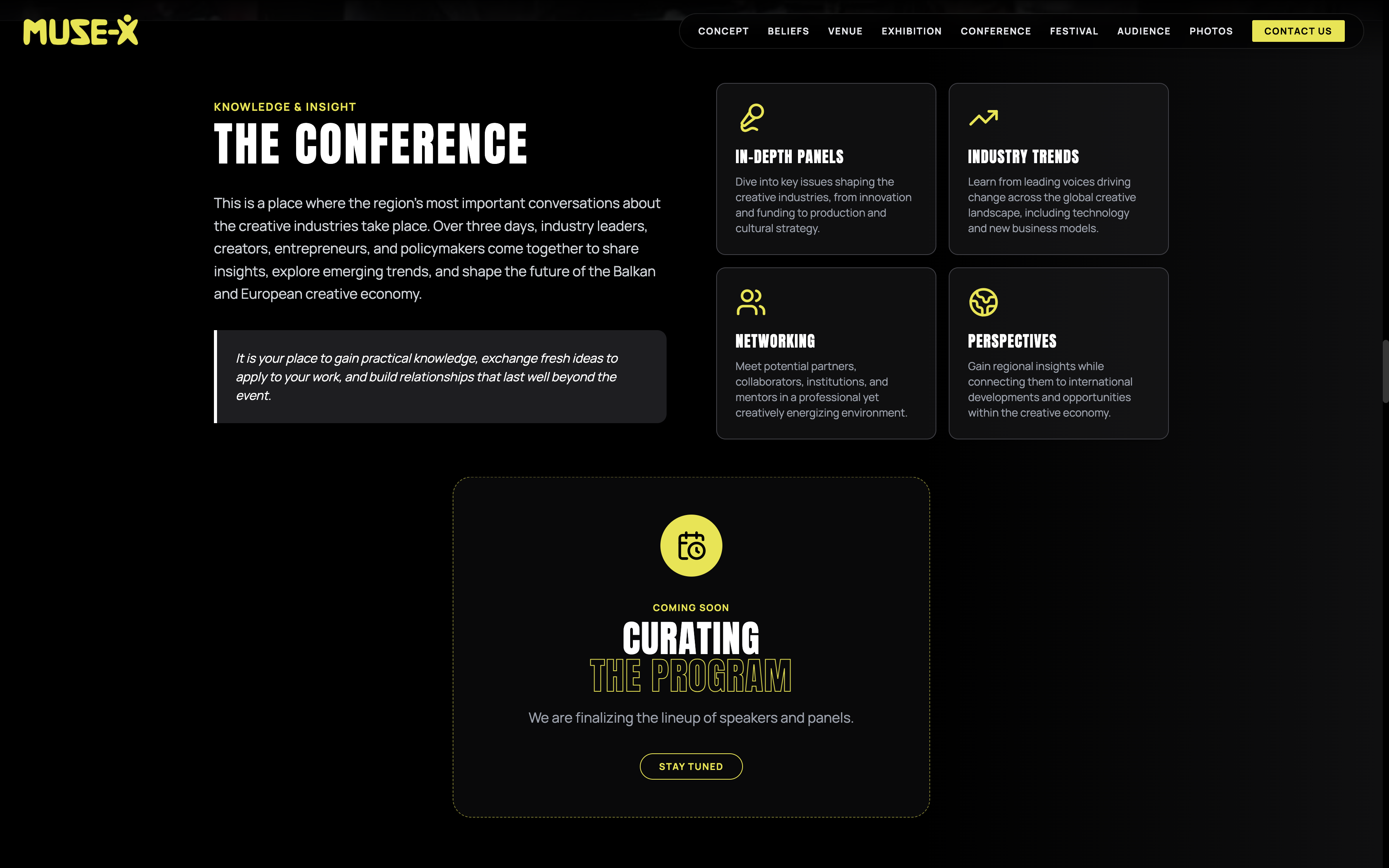 MUSE-X 2nd Edition — conference section with coming soon program card