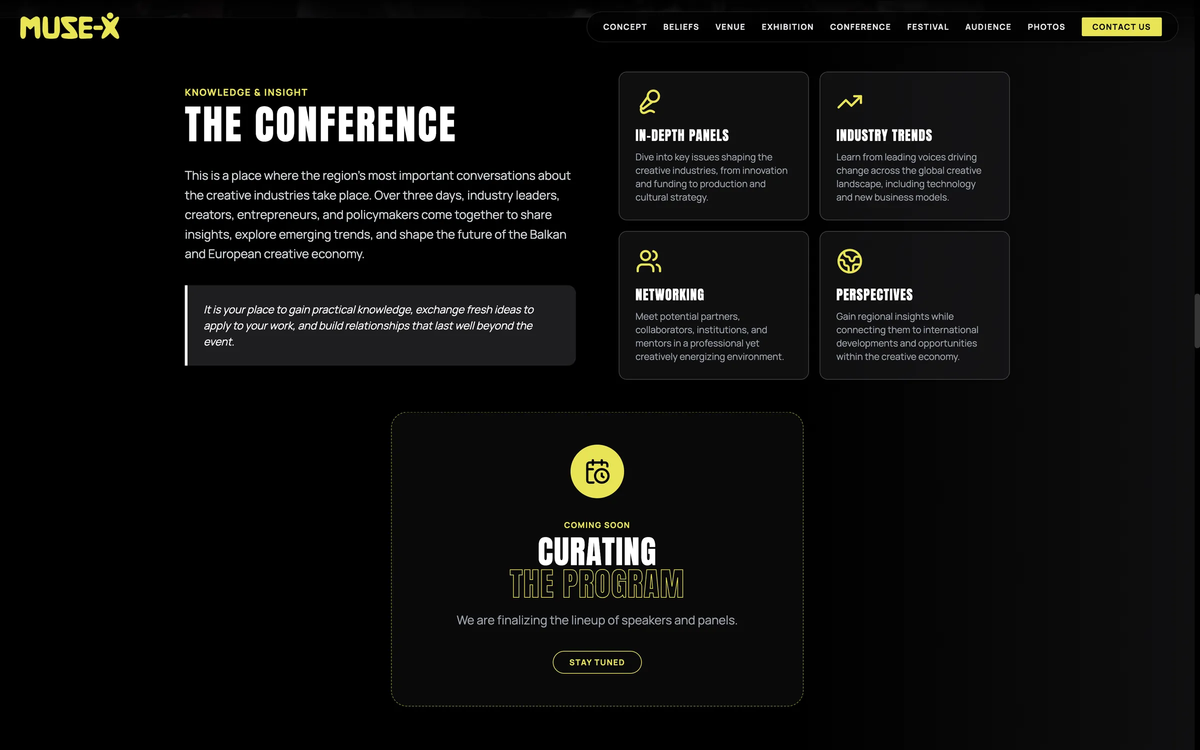MUSE-X 2nd Edition — conference section with coming soon program card