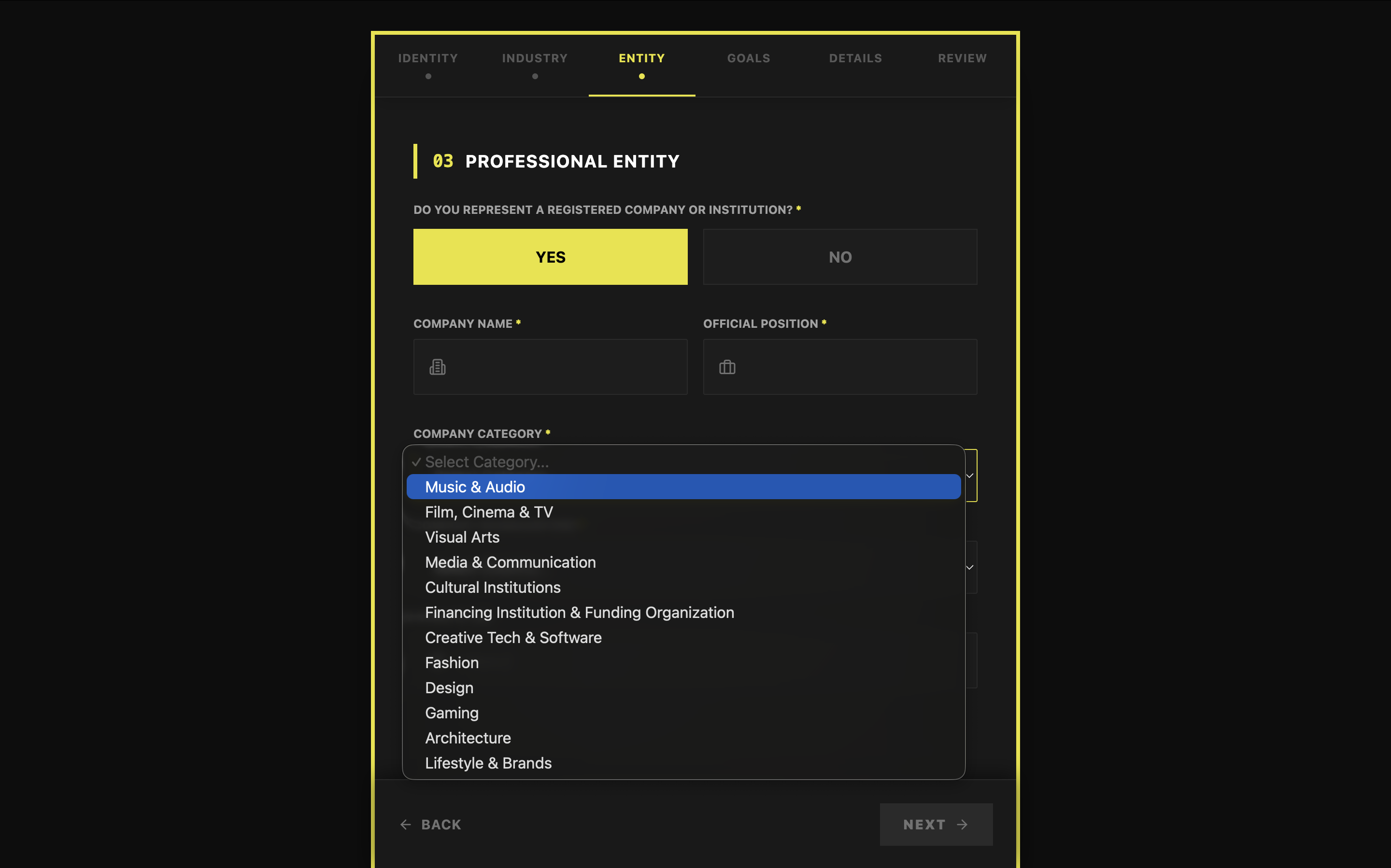 B2B Registration — professional entity step