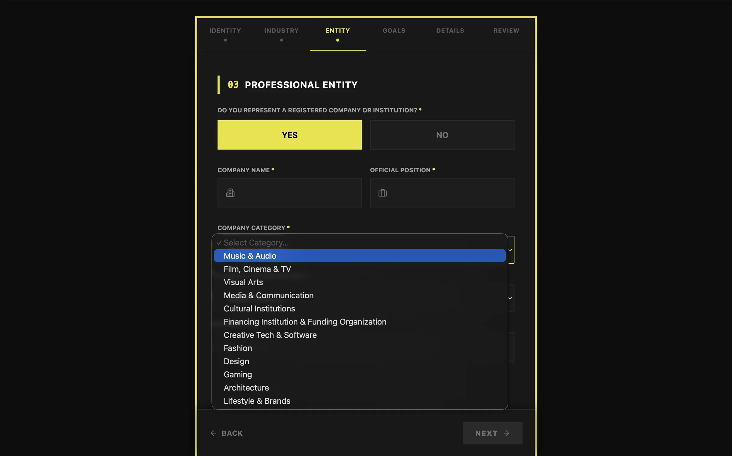 B2B Registration — professional entity step