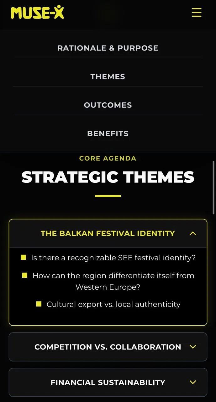 Festival Organizers Roundtable — sticky navigation and strategic themes, mobile