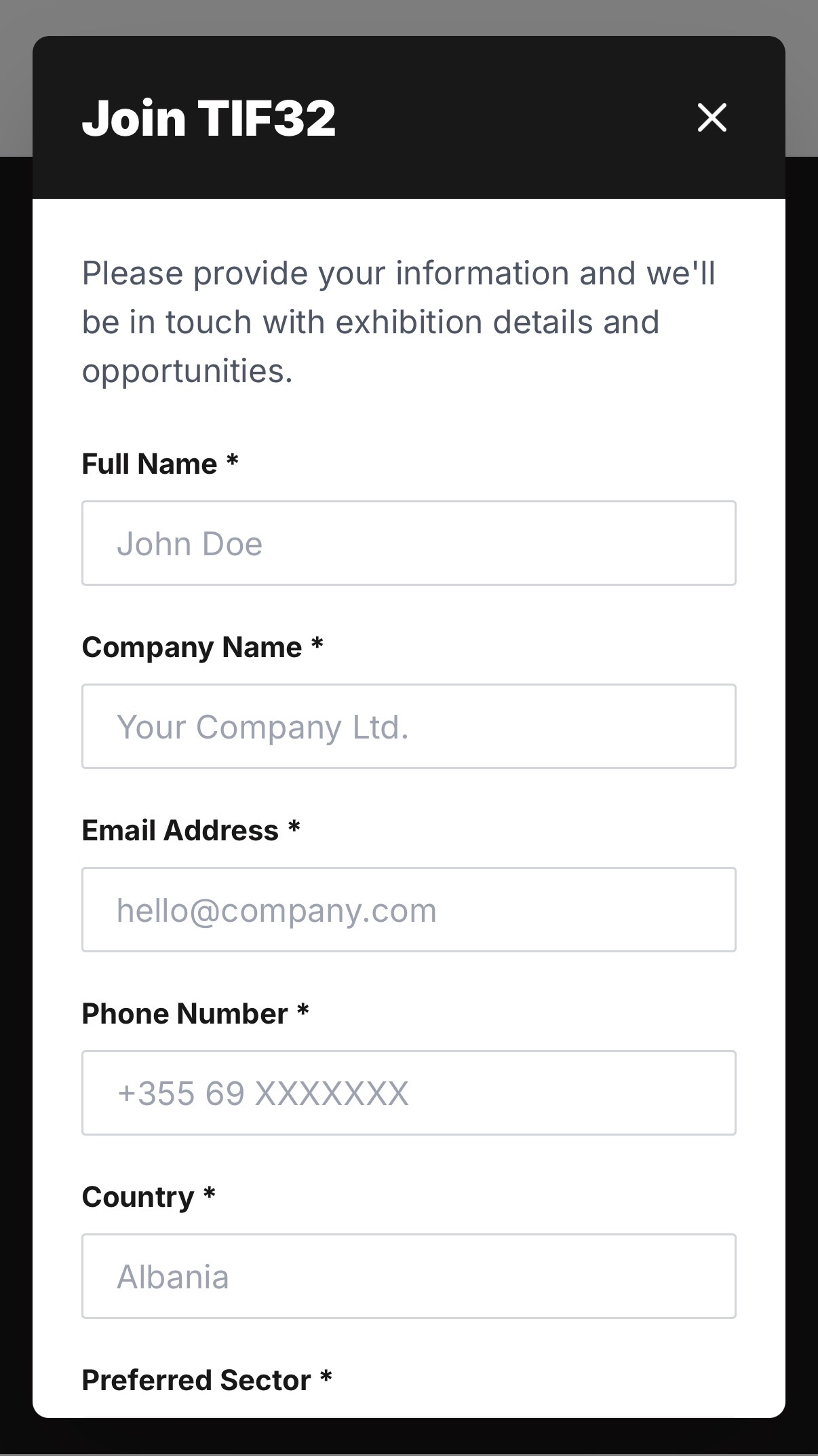 TIF32 — exhibitor registration form, mobile