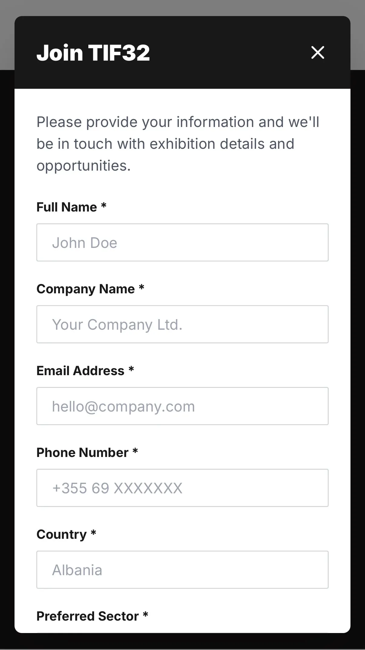 TIF32 — exhibitor registration form, mobile