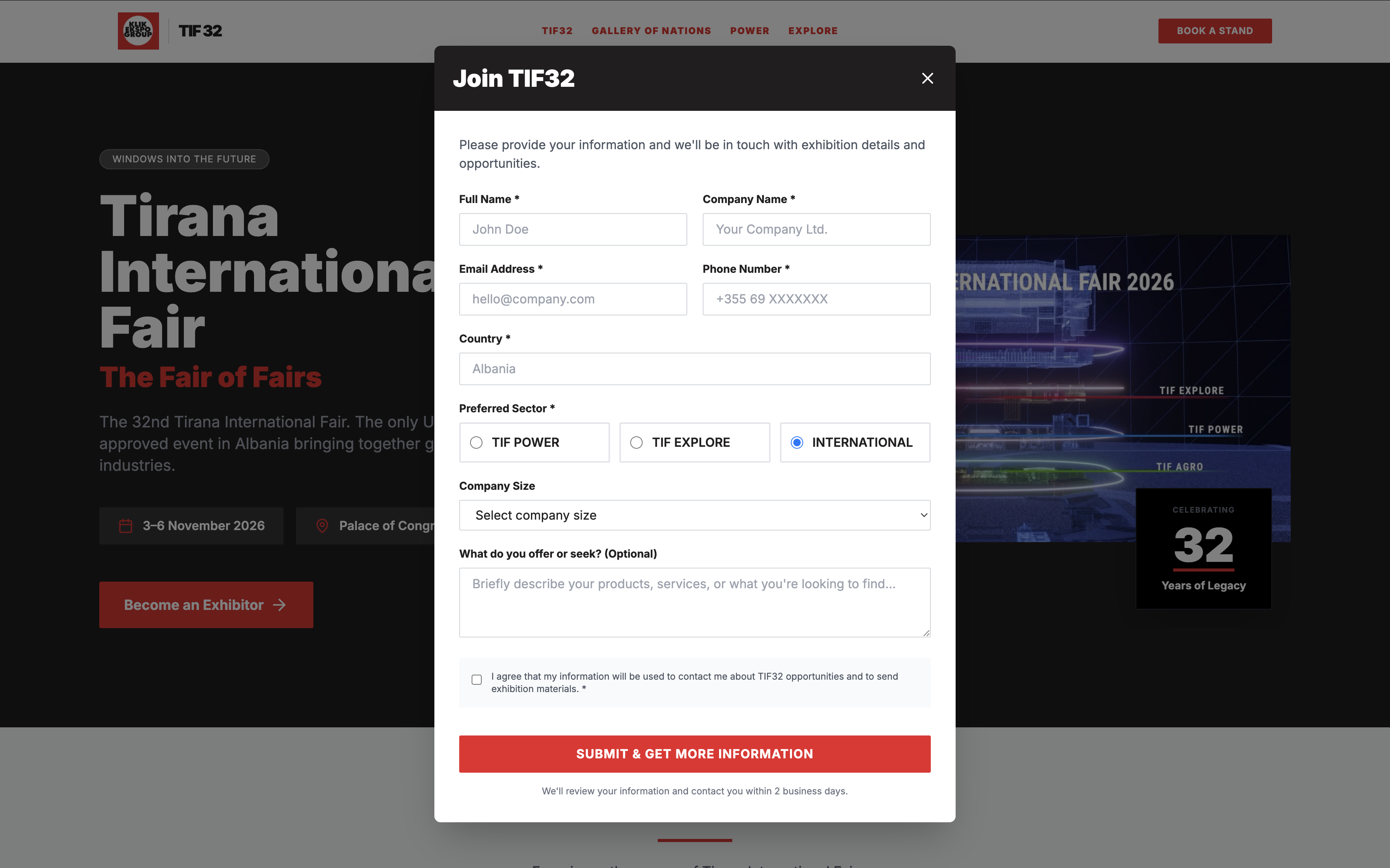 TIF32 — exhibitor registration flow